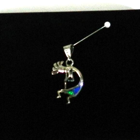 Vintage Opal and Lapis Inlay Kokopelli Pendant Sterling Silver - Picture 2 of 6